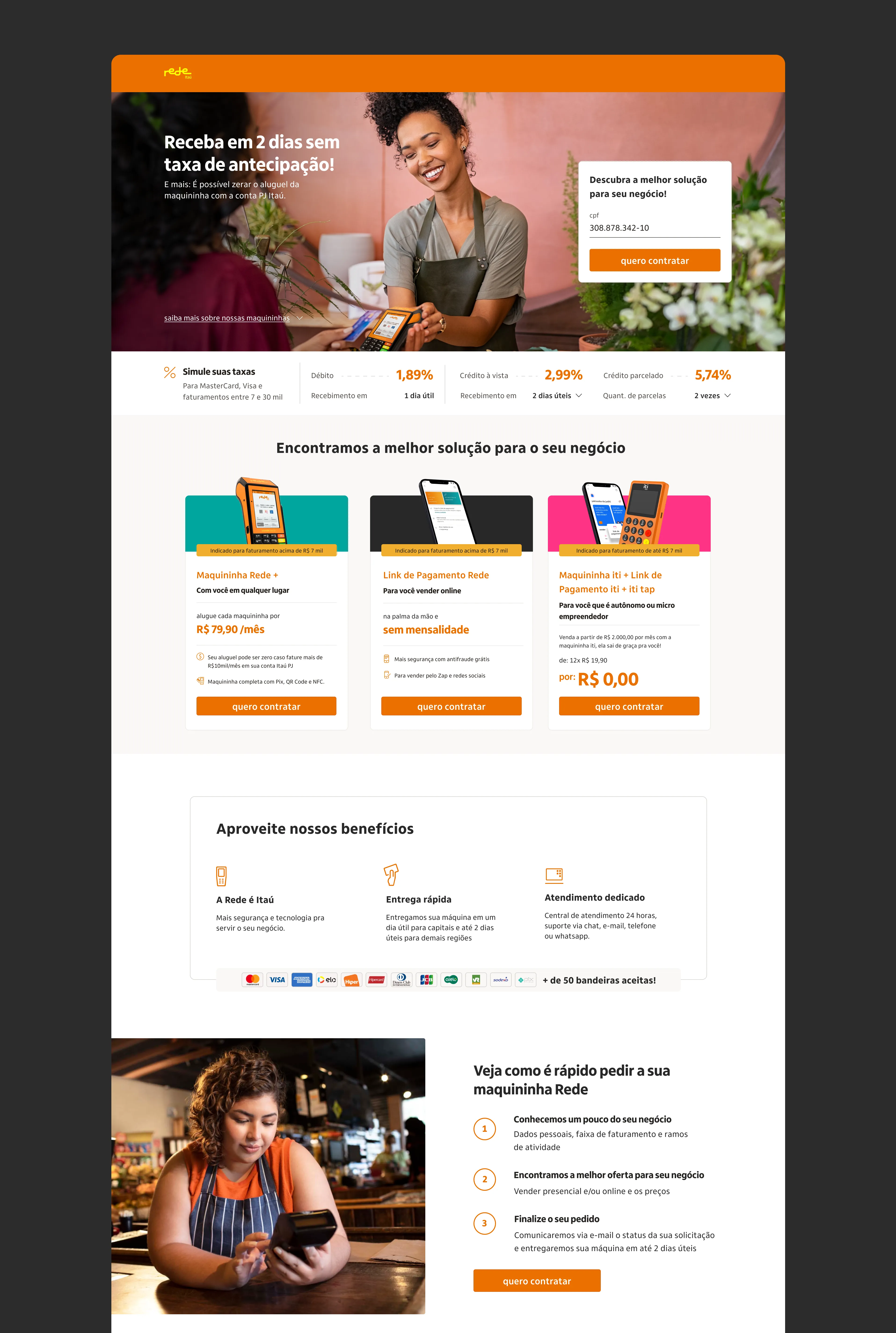 Rede product landing page with offers and benefits for merchants