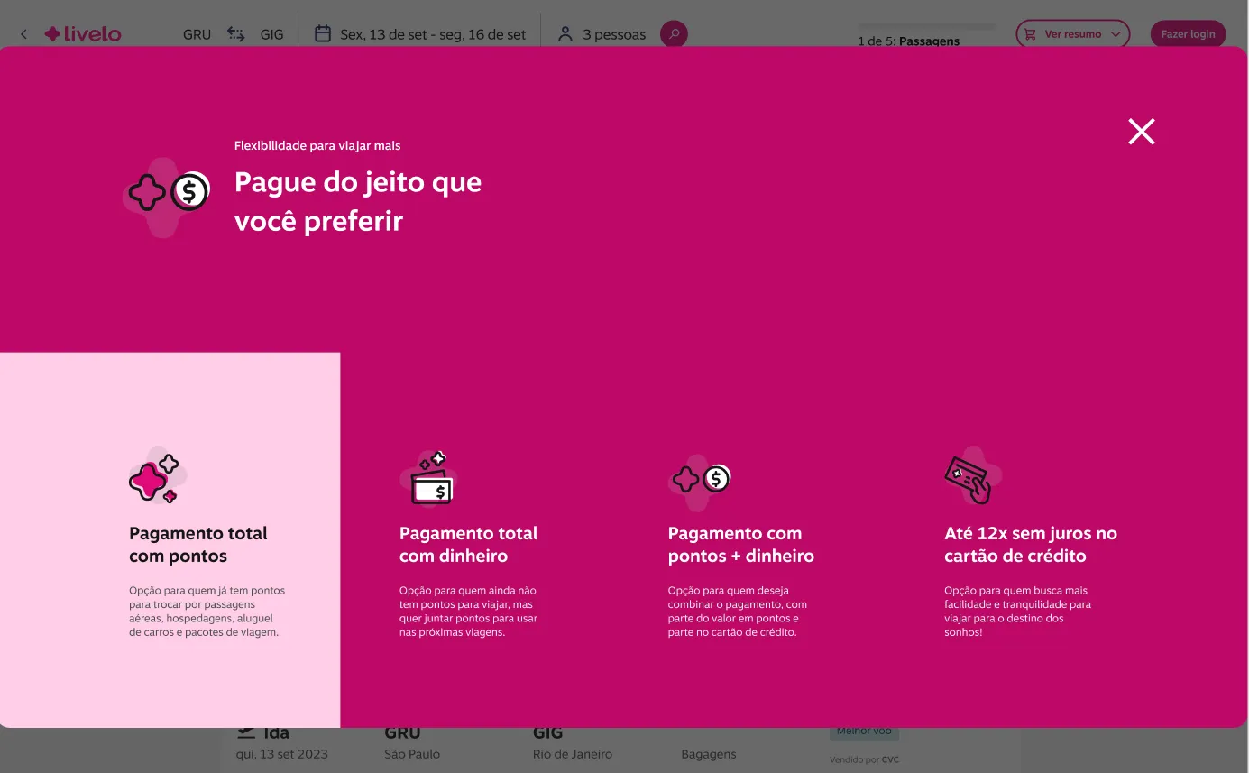 Livelo Viagens payment options: points, money, points plus money and installments