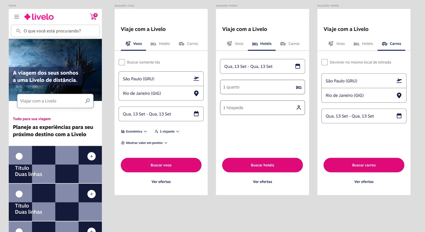 Livelo Viagens search screens for flights, hotels and cars
