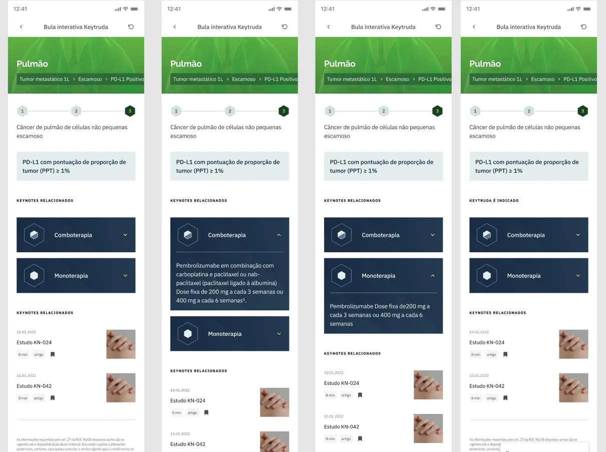 Interactive Keytruda guide screens listing lung cancer treatment options